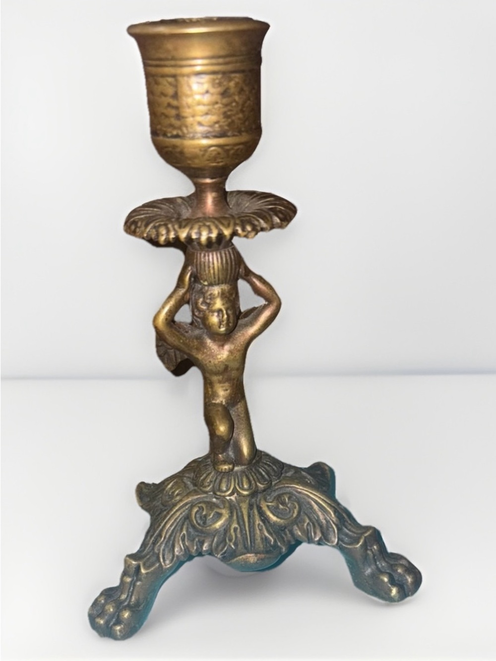 Ornate Brass Vintage Cherub Candlestick Holder